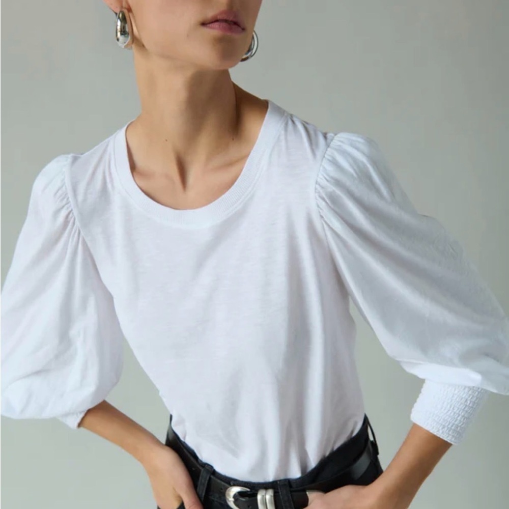 Nation LTD Loren Peasant Top White Pima Cotton Puff Sleeve Minimal Chic Small